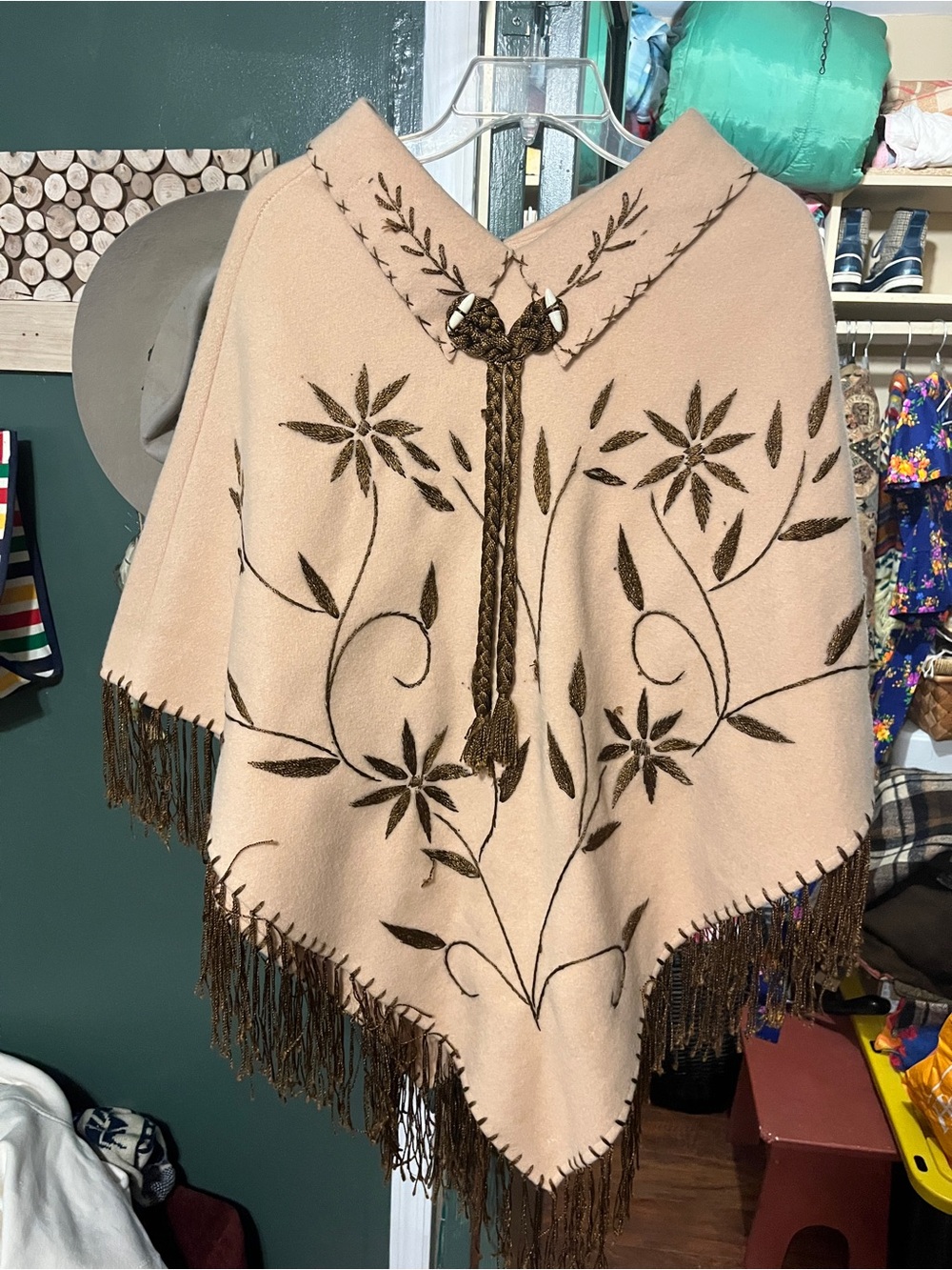 Beige Floral Embroidered Fringe Poncho